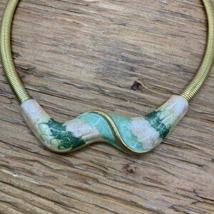 Metallic Pastel Swirl Enamel Gold Tone Snake Chain Choker Vintage Necklace